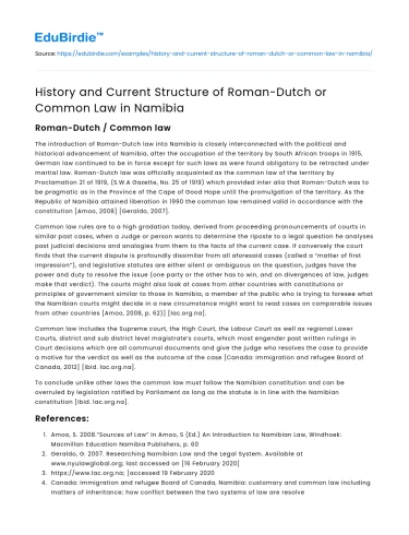 History and Current Structure of Roman-Dutch or Common Law in Namibia