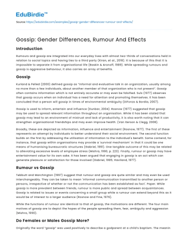Gossip: Gender Differences, Rumour And Effects