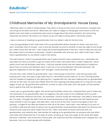 Childhood Memories of My Grandparents’ House Essay