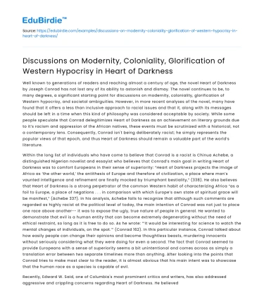 Discussions on Modernity and Coloniality in Heart of Darkness
