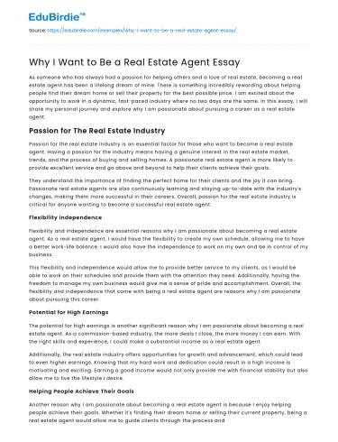 Why I Want to Be a Real Estate Agent Essay