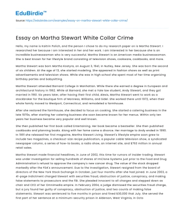 Essay on Martha Stewart White Collar Crime