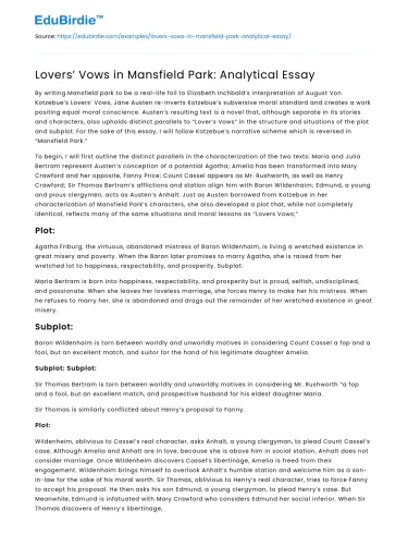 Lovers’ Vows in Mansfield Park: Analytical Essay