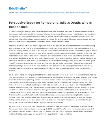 Persuasive Essay on Romeo and Juliet’s Death: Who Is Responsible