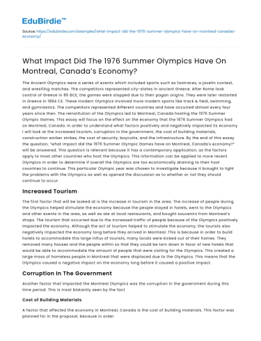 Impact of 1976 Olympics on Montreal’s Economy