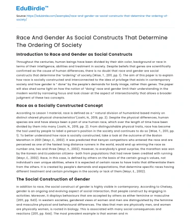 Gender is a Social Construct that Determines The Ordering of Society