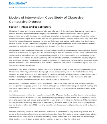 Models of Intervention: Case Study of Obsessive Compulsive Disorder