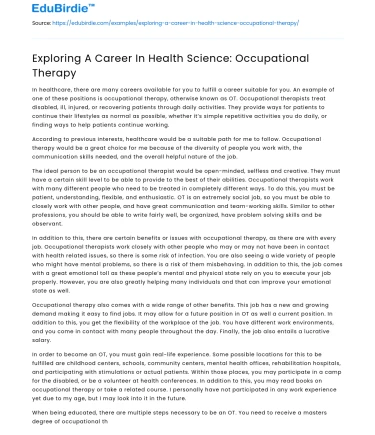 Exploring A Career In Health Science: Occupational Therapy