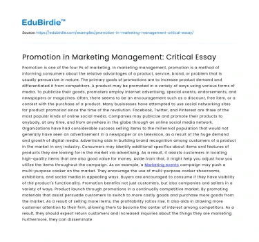 Promotion in Marketing Management: Critical Essay