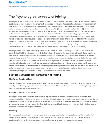 The Psychological Aspects of Pricing