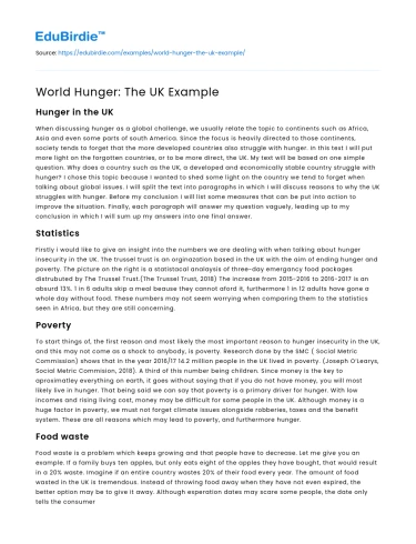 World Hunger: The UK Example