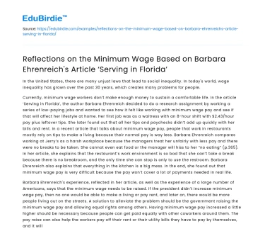 Minimum Wage Reflections from Ehrenreich’s ‘Serving in Florida’