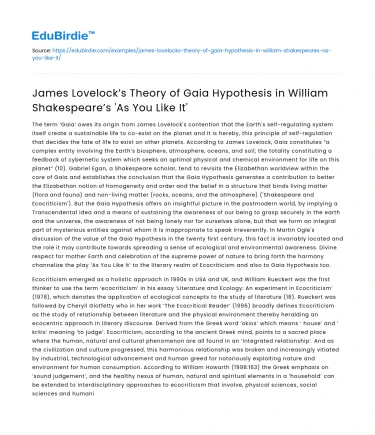 Lovelock’s Gaia Hypothesis in Shakespeare’s ‘As You Like It’