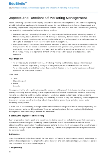 Aspects And Functions Of Marketing Management