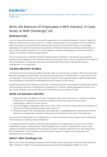 Employee Work Life Balance in BPO: A Case Study of WNS Ltd