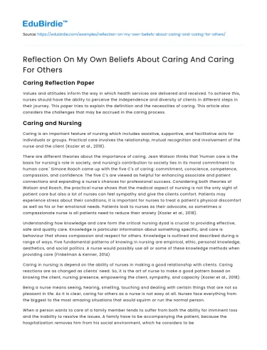 Reflection On My Own Beliefs About Caring And Caring For Others
