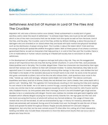 Selfishness And Evil Of Human In Lord Of The Flies And The Crucible