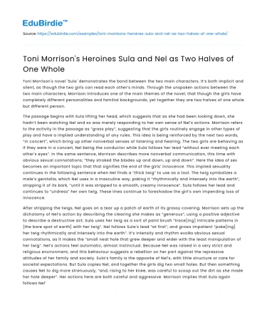 Toni Morrison’s Heroines Sula and Nel as Two Halves of One Whole