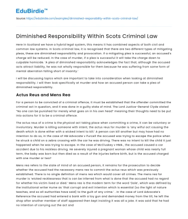 Diminished Responsibility Within Scots Criminal Law