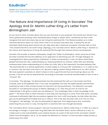 Living in Socrates’ Apology & MLK’s Letter: Importance