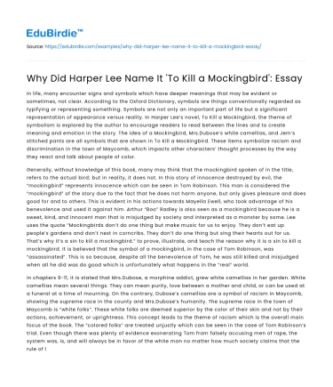 Why Did Harper Lee Name It ‘To Kill a Mockingbird’: Essay