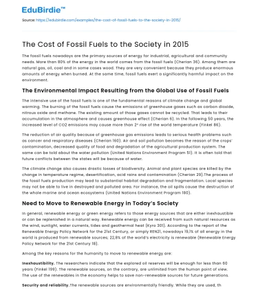 The Cost of Fossil Fuels to the Society in 2015