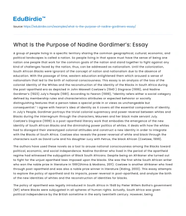 What Is the Purpose of Nadine Gordimer’s: Essay