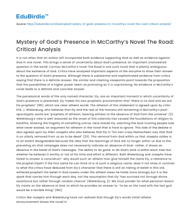 Mystery of God’s Presence in McCarthy’s Novel The Road: Critical Analysis