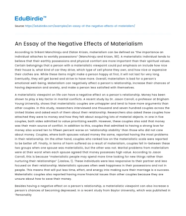 An Essay of the Negative Effects of Materialism
