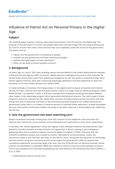 Influence of Patriot Act on Personal Privacy in the Digital Age