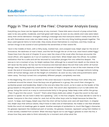 Piggy in ‘The Lord of the Flies’: Character Analysis Essay