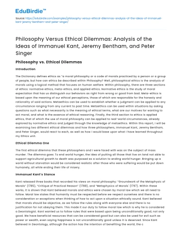Comparing Kant, Bentham, Singer: Philosophy vs Ethics
