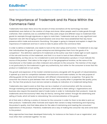 The Importance of Trademark and Its Place Within the Commerce Field