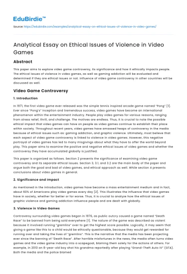 Analytical Essay on Ethical Issues of Violence in Video Games