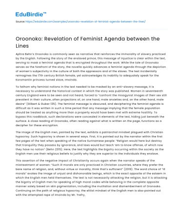 Oroonoko: Revelation of Feminist Agenda between the Lines