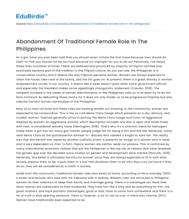 Abandonment Of Traditional Female Role In The Philippines