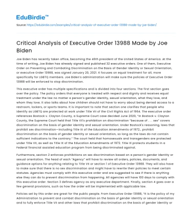 Critical Analysis of Executive Order 13988 Made by Joe Biden