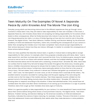 Teen Maturity in “A Separate Peace” and “The Lion King”