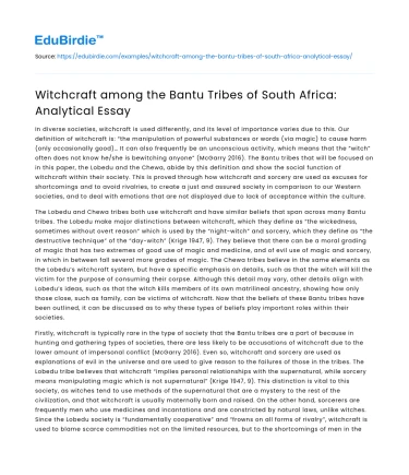 Witchcraft among the Bantu Tribes of South Africa: Analytical Essay