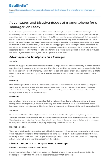 Advantages and Disadvantages of a Smartphone for a Teenager: An Essay