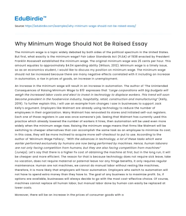 Why Minimum Wage Should Not Be Raised Essay