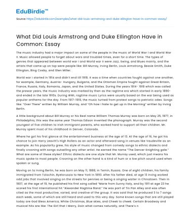 What Did Louis Armstrong and Duke Ellington Have in Common: Essay