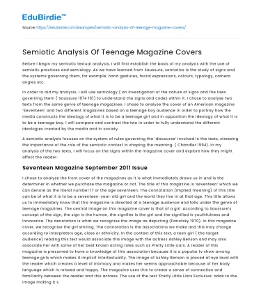 Semiotic Analysis Of Teenage Magazine Covers