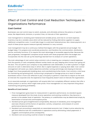 Impact of Cost Control on Organizational Performance