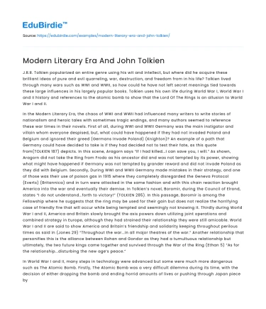 Modern Literary Era And John Tolkien