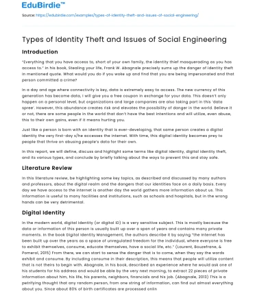 Types of Identity Theft and Issues of Social Engineering