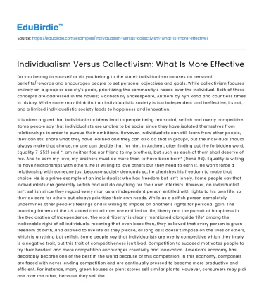 Individualism Versus Collectivism: What Is More Effective
