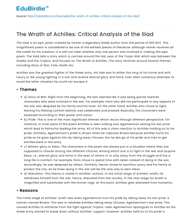 The Wrath of Achilles: Critical Analysis of the Iliad
