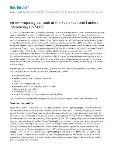 An Anthropological Look at the Socio-cultural Factors Influencing HIV/AIDS