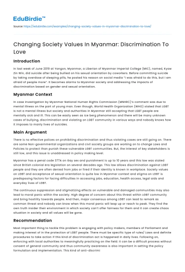 Changing Society Values In Myanmar: Discrimination To Love